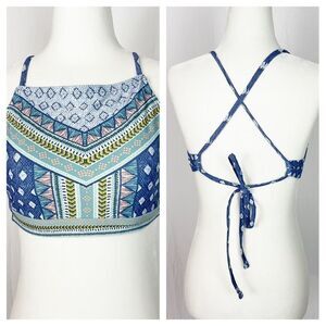 High neck Xhilaration DD tribal print Strappy back bikini top blue pink